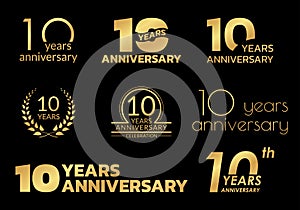 10 years anniversary icon or logo set. 10th birthday celebration golden badge or label for invitation card, jubilee design. Vector